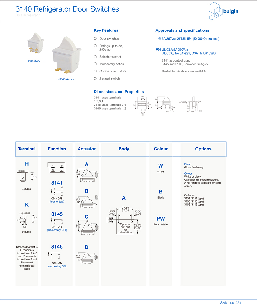 冰箱門開關(guān)3100系列參數(shù)